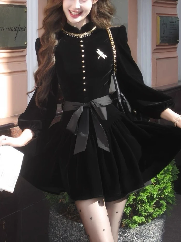خمر Harajuku الحلو Y2k فستان المرأة سليم صالح كم طويل القوس المخملية ألف خط فستان ريترو الخريف فساتين راقية أنيقة غير رسمية