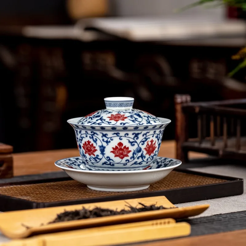 Jingdezhen Qitang Antique Mud Glazed Red Blue and White Interlock Branch Ceramic Gaiwan Household Set