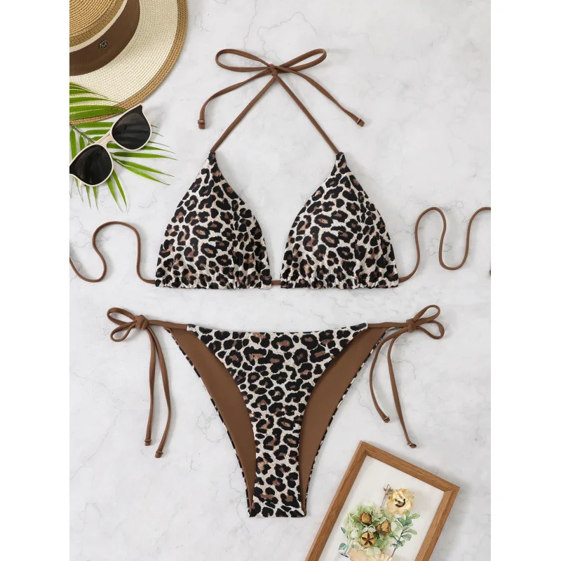 Leopard Print Triangle Bikini Set, Sexy Quick Dry Two Piece Swimwear For Women Summer Beach