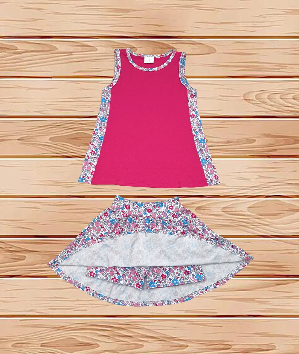 

4.12 Wholesale Western Boutique children clothing Baby Girls Pink Tunic Top Flowers Skorts Skirts Clothes Sets