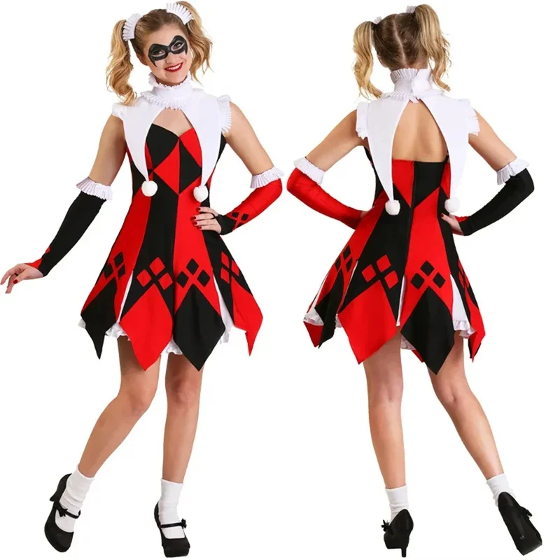 Halloween Women Clown Harley Costumes Evil Clown Criminal Quinn Cosplay Outfits Circus Clown Performance Dress Carnival Dress up