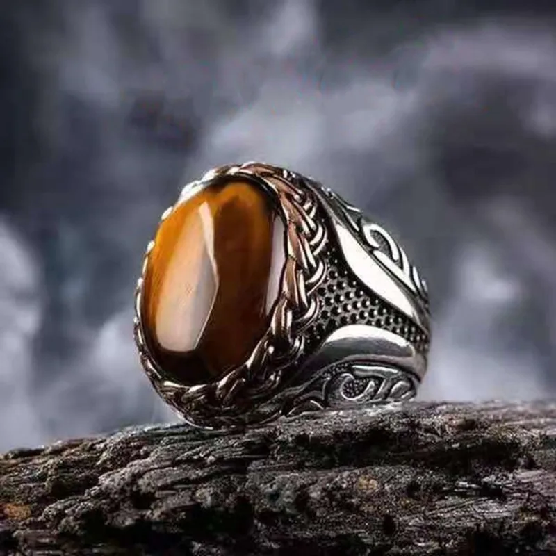 

Huaya Men's Oval Amber Stone Charming Rings Unique Temperament Retro Silver Carving Ring Jewelry Accessories Trend