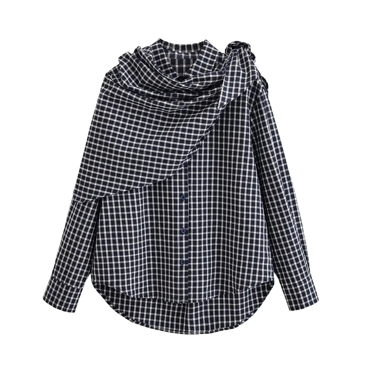 Women's Fashion Plaid Scarf Shirt Navy Blue Shirt With Scarf For Women Long Sleeve Casual Stylish Top For Spring Autumn AB15