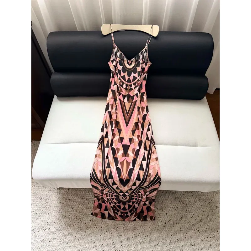 2026 Women V-neck Pink And Coffee Geometric Pattern Suspender Silk Slit Long Dress