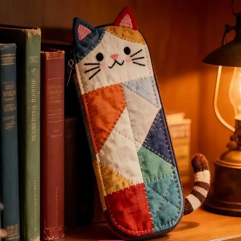 Hot Sale 1Pcs Color Block Cartoon Cat Design Storage Bag Japanese Style Patchwork Pencil Case Cute School Supplies For Girls