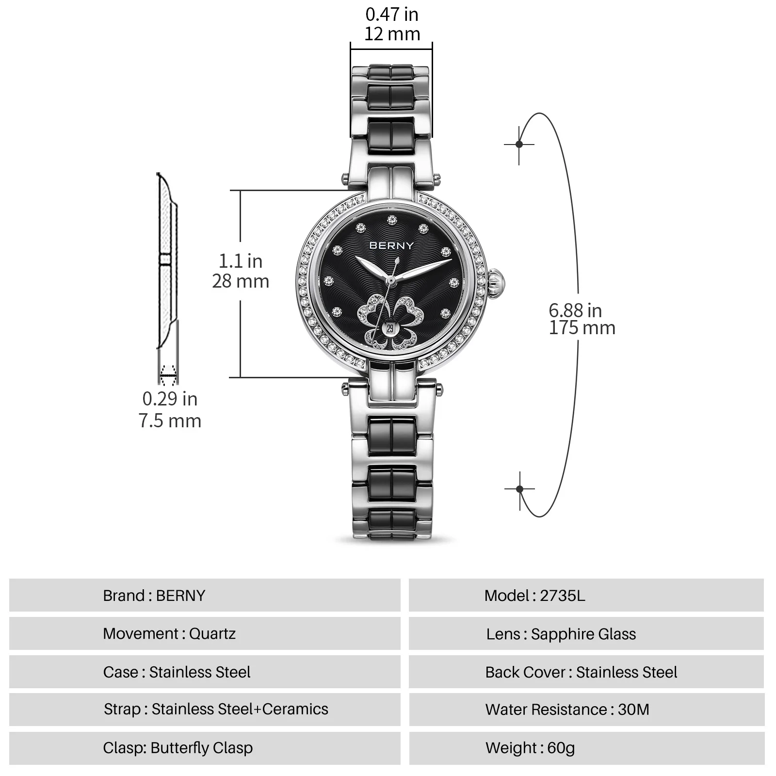 BERNY Women's Watch High Quality Casual Fashion Ceramics Quartz Women Watches Elegant Luxury Wristwatch For Ladies