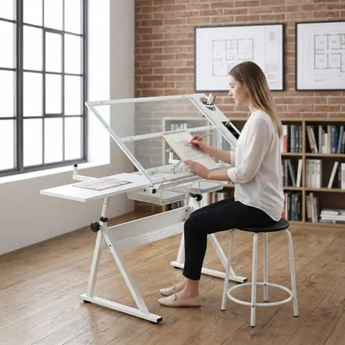 White Drafting Table with Stool Height Adjustable Art Craft Desk with Storage, Tilting Tempered Glass Tabletop