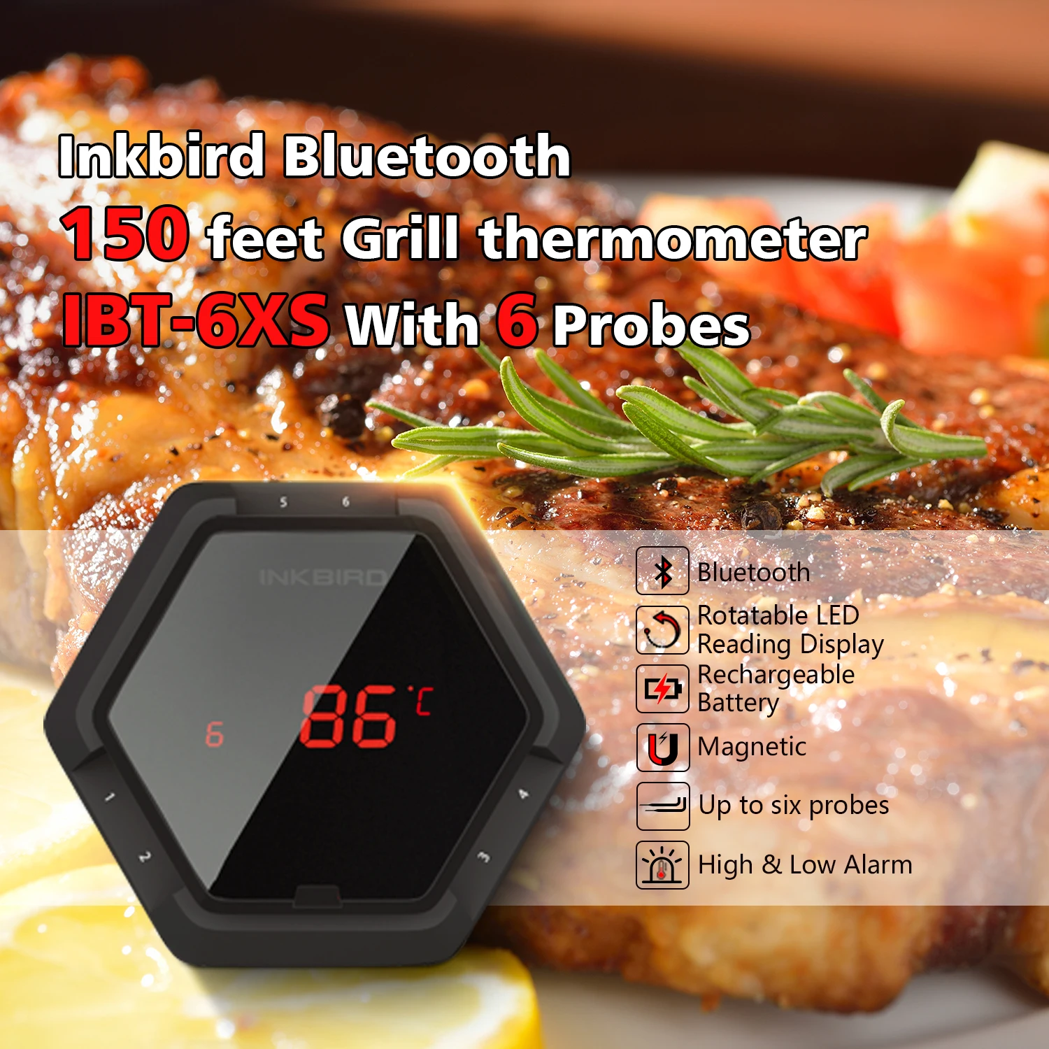 INKBIRD IBT-6XS Bluetooth Grill Thermometer with 6 Probes 1000mAh USB Rechargeable Li-Battery Barbecue Thermometers for Cooking