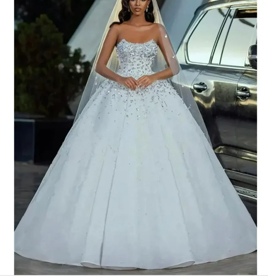 

Customized Strapless Handwork Crystals Beads Wedding Dress Vestidos De Novia Satin Floor Length Country Ballgown Bridal Gown