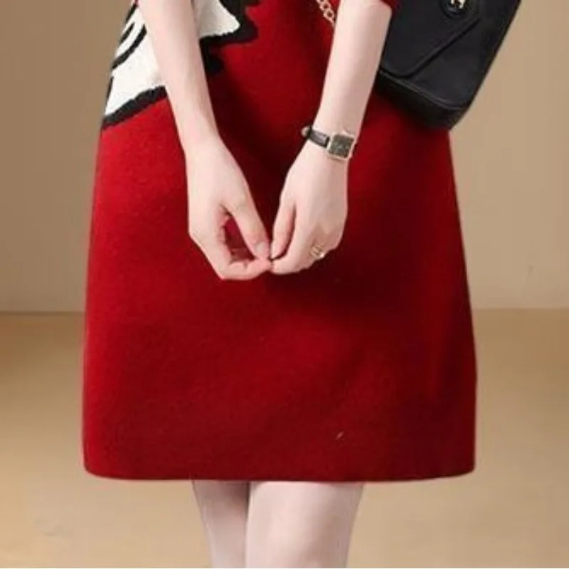 Women\'s Autumn and Winter New Fashion Elegant Pullover Round Neck Printed Loose Panel Long Sleeve Casual Sweater Knitted Dress