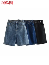 Tangada 2024 Women Blue Jeans Shorts Zipper Strethy Waist Mini Shorts TM06