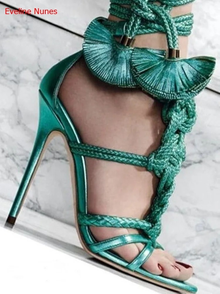 Knotted Braided Leather Sandals Summer New Arrival Ankle Lace-Up Solid Color Fashion Versatile Colorful Pop High Heels Women