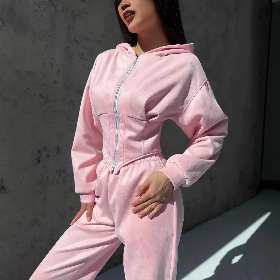 

Women's Spring Solid Color Waist-Cinched Hooded Sweatshirt Long Pants 2-Piece Sporty Casual Set Women's Tracksuit Workout Sets