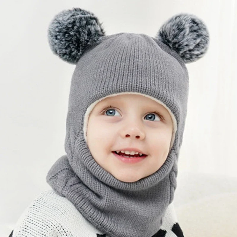 New Autumn and Winter Kids Balaclava Hat PomPom Knit Beanie Hats for Baby Hat Scarf Snood with Fleece Lining Caps for Boys