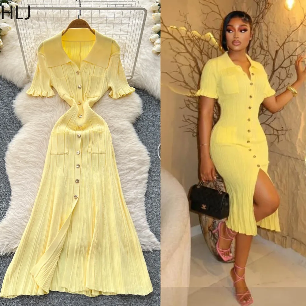 

HLJ Summer New Elegant Knitting Bodycon Dresses Woman Solid Color Single-breasted Elasticity Dress Female Streetwear Vestidos