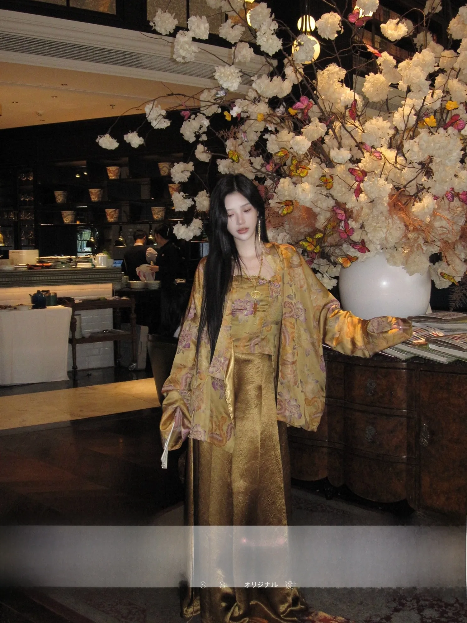 

New Chinese Style Silk Embroidered Jacket Strap Acetate Wide Leg Pants Three Piece Set Floral Pattern Long Sleeve Loose Fit