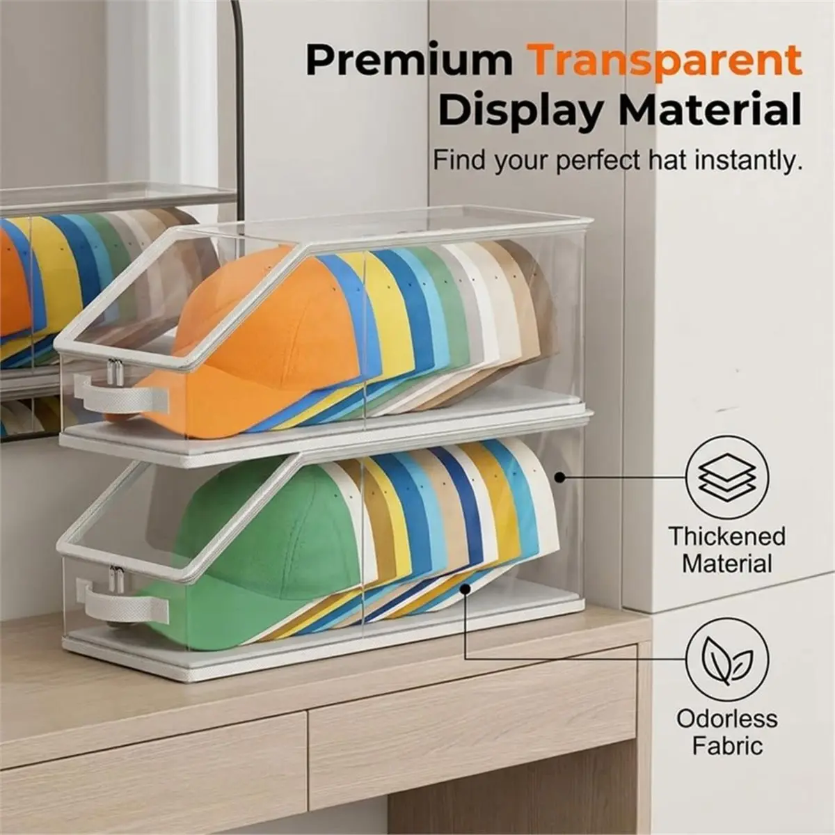 2PCS Stackable Hat Storage for Baseball Caps, Clear Hat Organizer for Closet Holds Up to 24 Caps, Men'S Hat Box Display