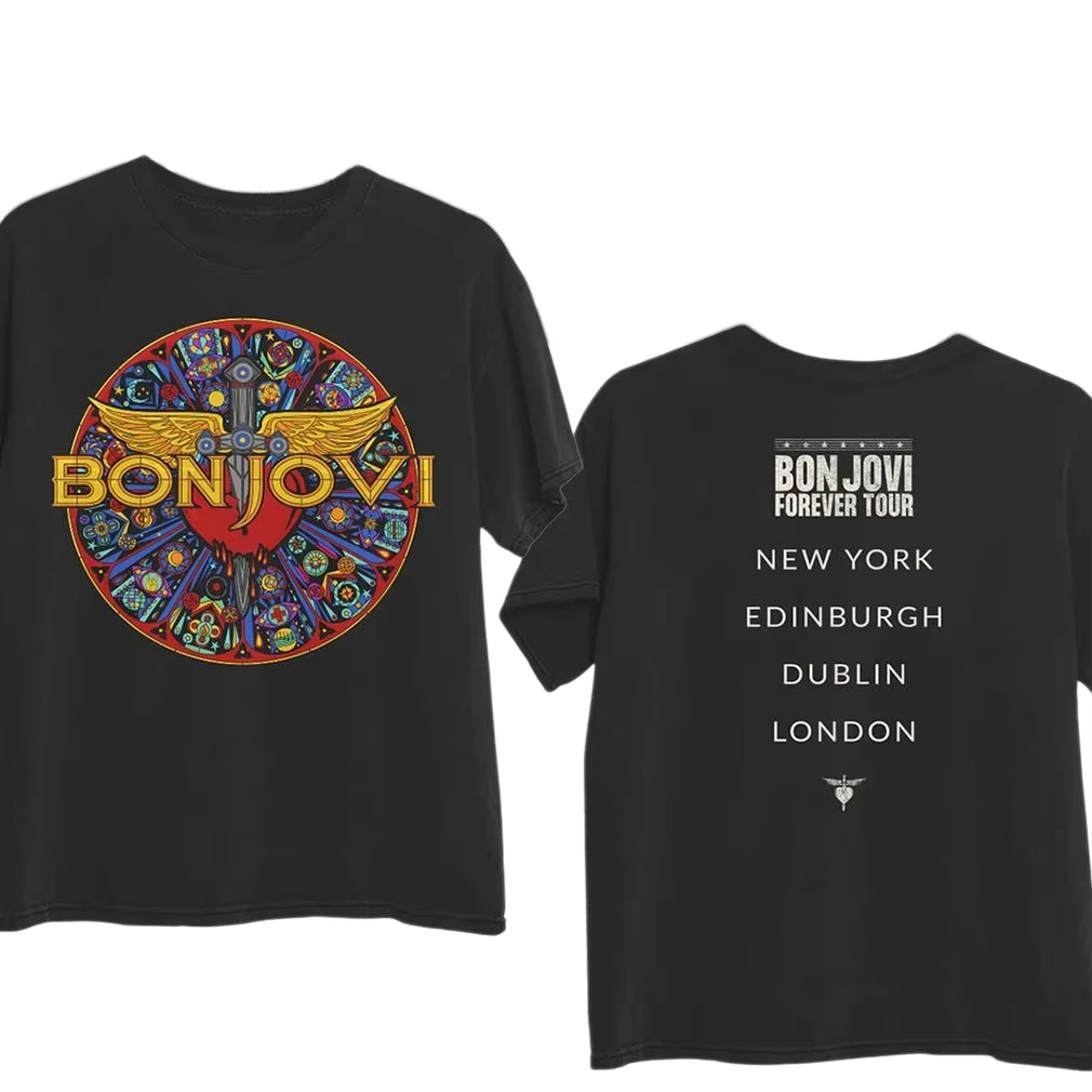 Vintage Bon Jovi Forever Tour 2026 Heart Sword Print T-shirt Unisex Casual Short Sleeve Tee Retro Rock Streetwear for Men Women