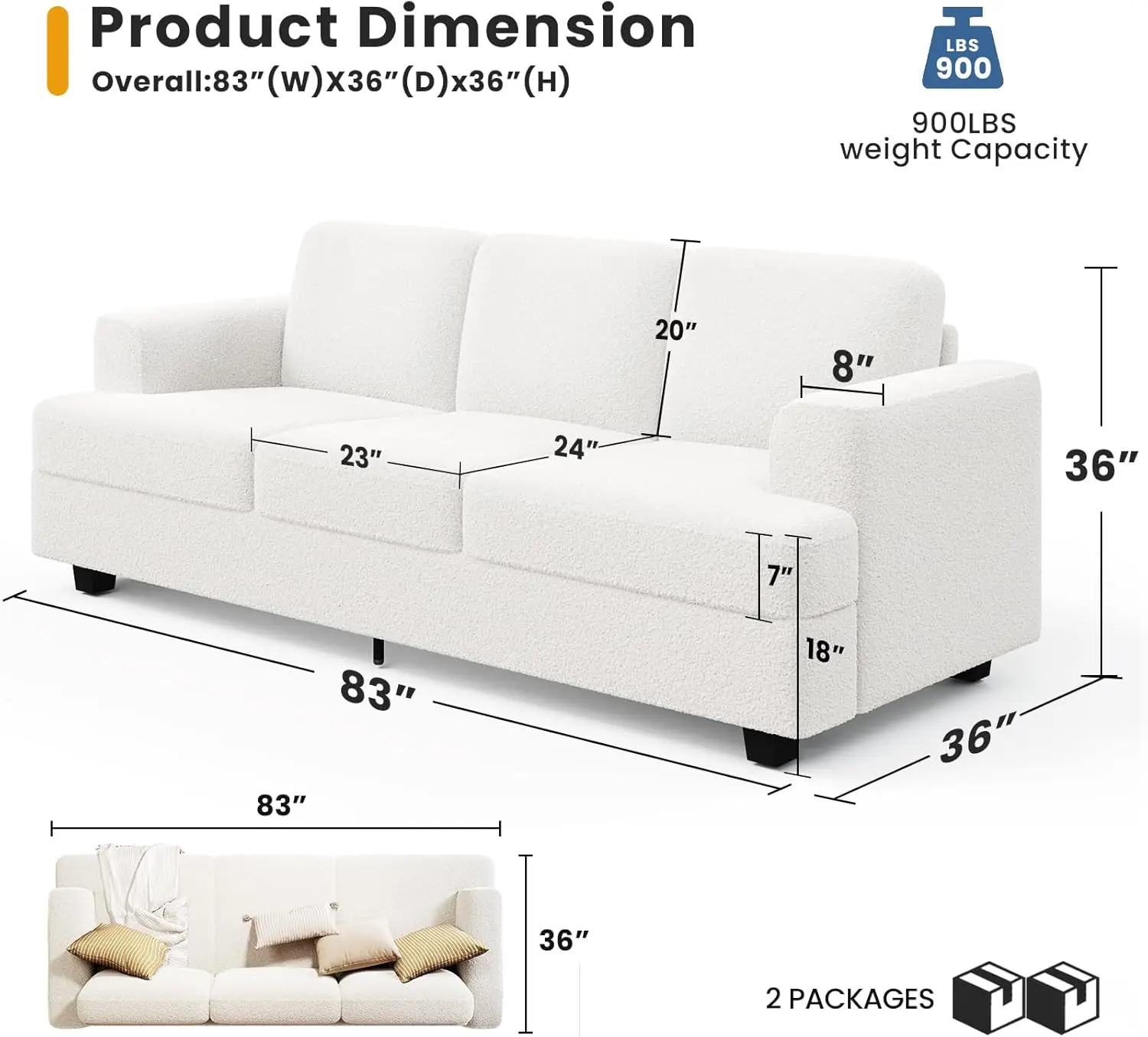 3 Seater Couch for Living Room, Modern Couch with Removable Cover, Deep Seat Sofa, Comfy Cloud Couch with Firm Structure, Ho