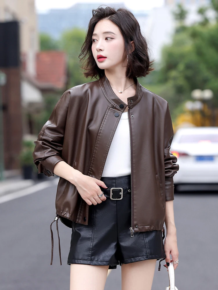   Ning 本革ジャケット女性用韓国版 2025 新作春秋エレガンスカジュアルルーズシープスキンコート