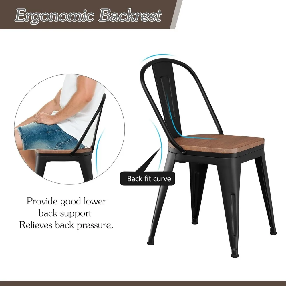 Alunaune 18 بوصة كراسي تناول الطعام المعدنية مجموعة من 4 كراسي عالية الظهر كلاسيكية أنيقة من الحديد مزرعة كراسي صناعية قابلة للتكديس مقاعد القهوة