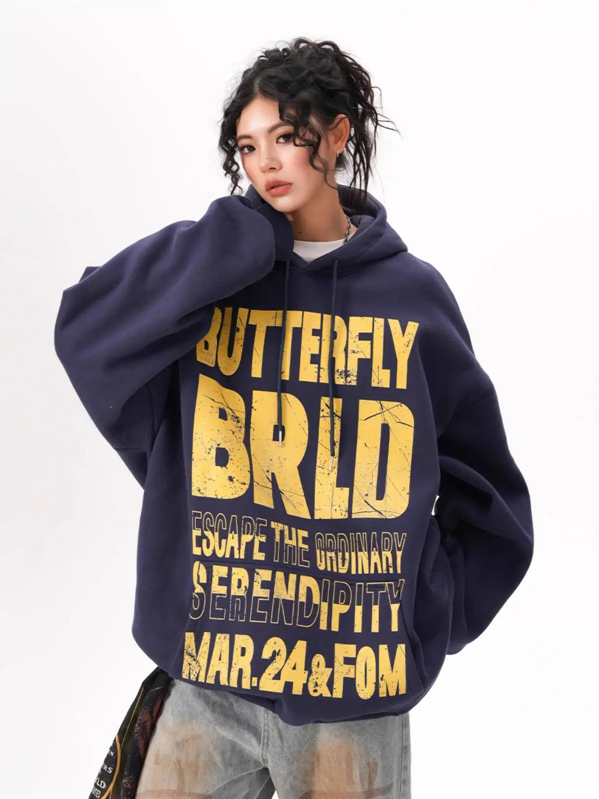 2025 Autumn New! BWKA Women's American Retro Hoodie  Distressed Letter Print  Heavyweight Streetwear  Loose Navy Blue