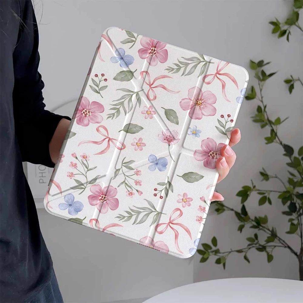 Soft Watercolor Floral Ribbons For iPad Pro 11 12.9 13 A16 M2 M4 M3 M5 Shell 9.7 10.2 5/6/7/8/9/10/11th Mini Air 3 4 5 6 Cover