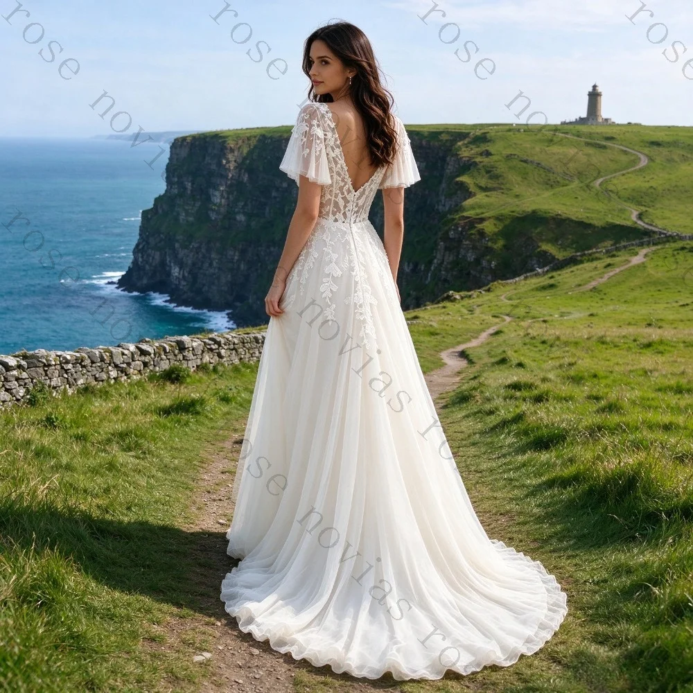 Customized Chiffon Sexy V-neck Hat Sleeve Wedding Dresses 2026 New Unique A-line Ruffle Lace Bridal Gown Suitable for Churches
