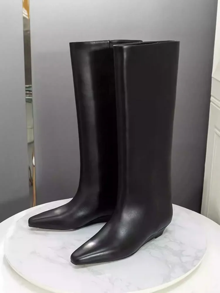 Retro Leather Pointed High Top Knight Boots Slope Heels For Women Straight Tube High Tube Boots Knee Fashion Long Boots
