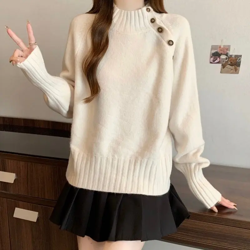 

Autumn Winter Women Sweater Korean Fashion Knit Bottoming Shirts Half High Collar Basic Basic Jumper Solid Long Sleeve Pullovers