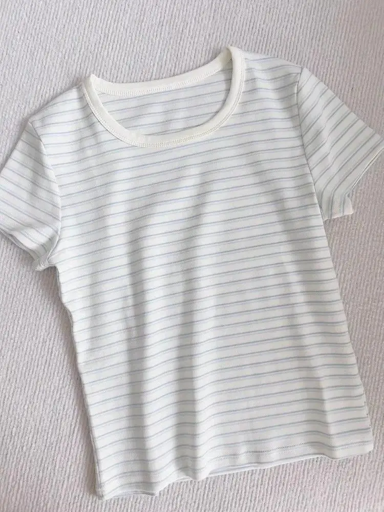 اليابانية بسيطة الأزرق مخطط تي شيرتات قصيرة الاكمام المرأة بلايز الصيف موضة سليم صالح س الرقبة قصيرة الأكمام المحملة الملابس النسائية