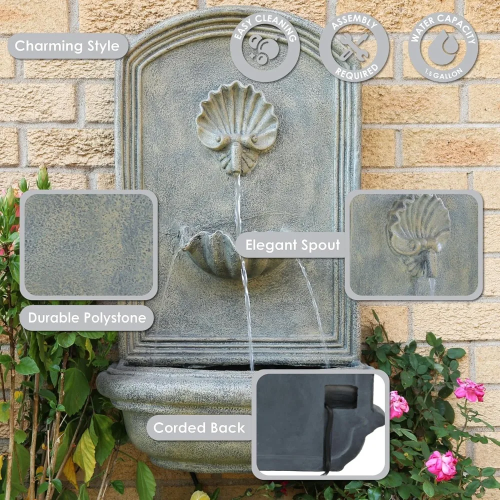 Seaside 27-Inch Polystone Solar Wall Water Fountain with Battery Backup - French Limestone