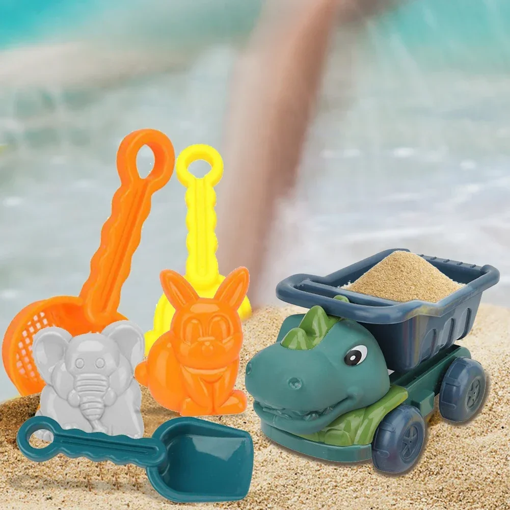 Brinquedos de praia para criança Brinquedos de areia com tema de dinossauro Conjunto de caminhão basculante Brinquedos de praia portáteis lisos para jardim, playground, área da praia