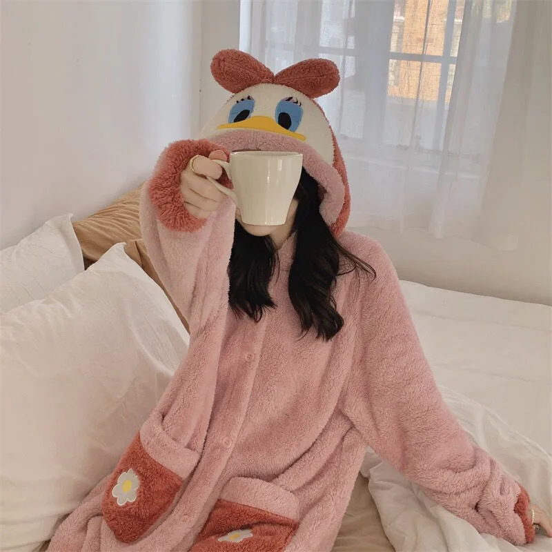 Cartoon Duck Coral Velvet Sleepwear Women\'S Autumn And Winter Warm Flannel Winter Hooded Cute Robe