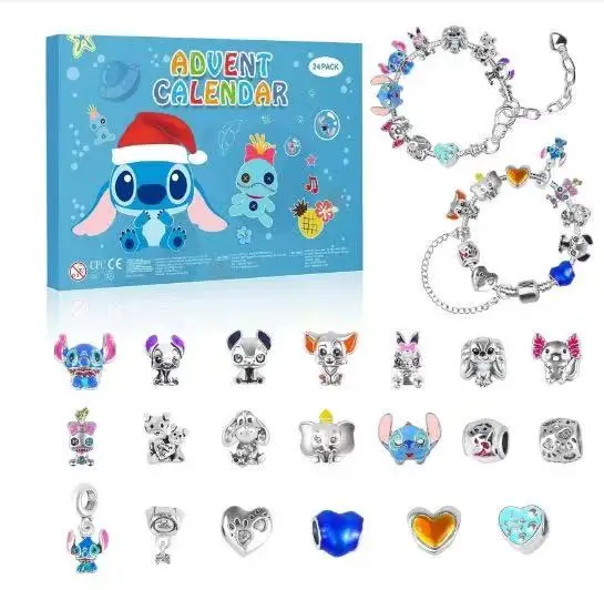 EN STOCK Stitch 2025 Calendario de Adviento de Navidad pulseras DIY fabricación de joyas calendario de cuenta regresiva de 24 días caja ciega de moda regalos Juguetes