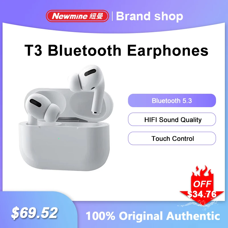 Newmine T3 Bluetooth 5.3 Earphones Touch Control Wireless Headphone Active Noise Cancellation HiFi Stereo Sport Headset