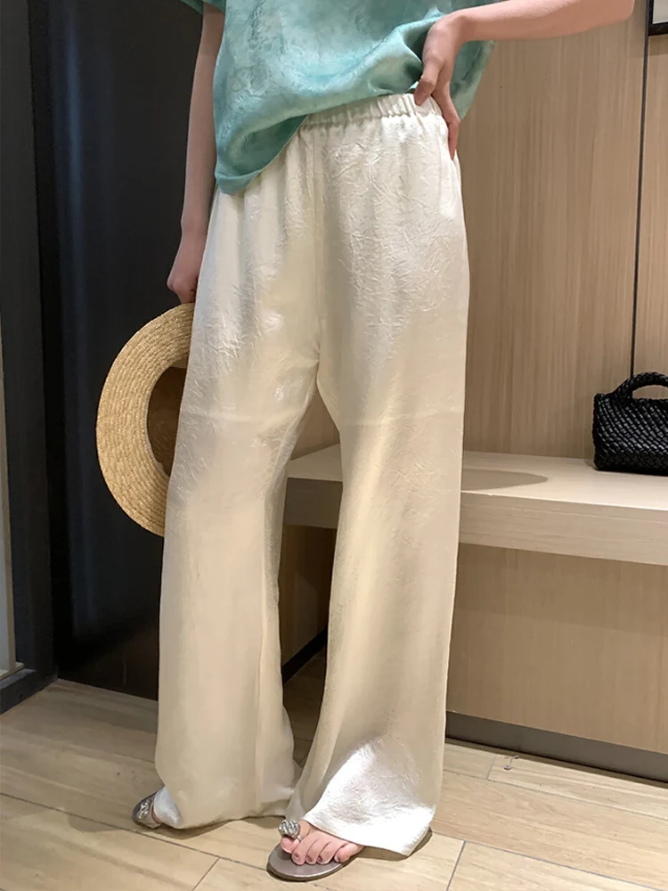 

Heavyweight Pleated Acetate Wide Leg Pants Women's Thin High Waist Elastic Straight Cut Summer Casual Trousers Premium Feel