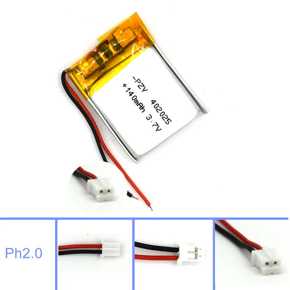 3.7V 140mAh Lipolymer 402025 Battery Rechargeable with 2Pin JST Plug Cell for Lamp Led Camera GPS Recorder Reader