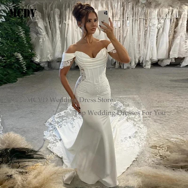 

MCDV Mermaid Wedding Dresses For Women Appliques Off Shoulder Sweetheart Customized Bridal Gown Sweep Train robe de mariée