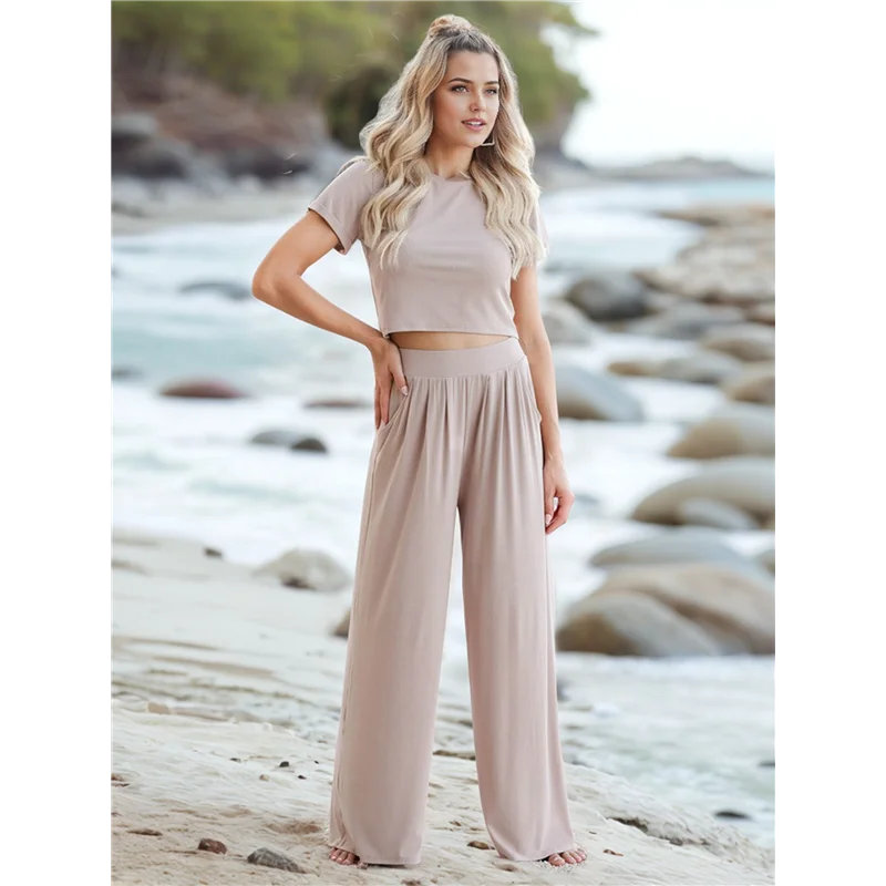 Setelan Kasual Wanita A09P Dua Potong Atasan Lengan Pendek Dan Celana Panjang Lebar Setelan Kasual Serasi