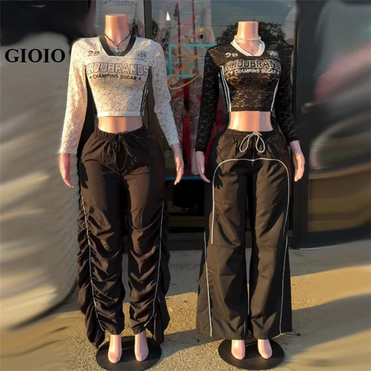 

GIOIO 2024 Fall Women 2 Piece Set Long Sleeve Number Lace Crop Tops + Loose Pants Suit