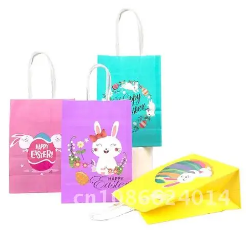 

4pcs Easter Decorations Party Supplies Paper Gift Bags with Handle Rabbit Bunny Cookies Candy Packaging Bags 2022 Happy Easter