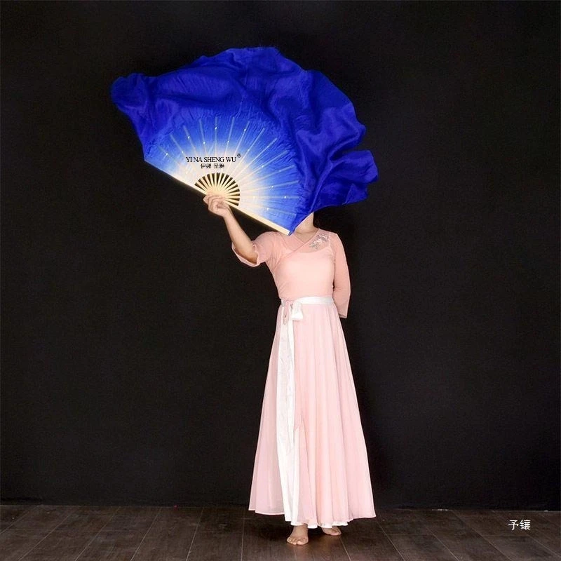 Women's Belly Dance Fan Double Sided Royal Blue Gradient Imitation Silk Yangko Fan Square Dance Long Silk Fan Performance Props