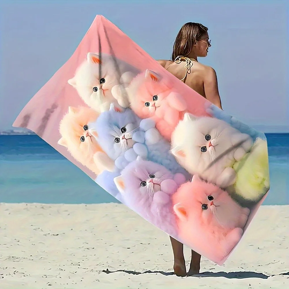 Cute Pastel Fluffy Kitten Print Beach Towel Quick Dry Microfiber Sand Free Absorbent Washable for Summer Pool Travel
