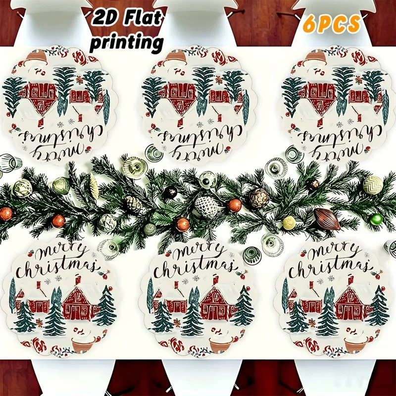 VIKAMA Linen Round Placemat, Burgundy Christmas Wreath Bauble, Washable Stain Resistant Easy Clean, Festive Dining