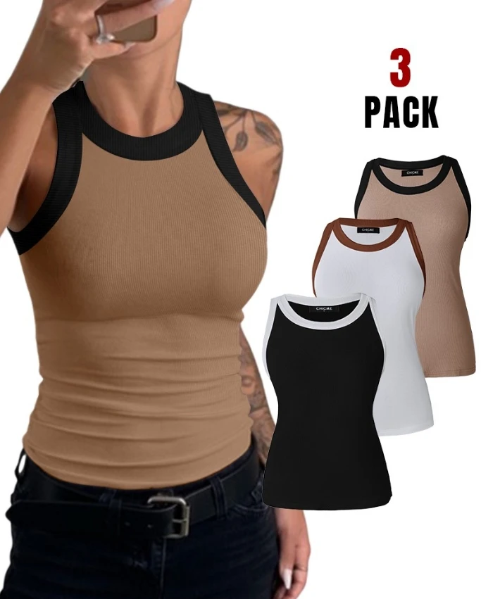 

Summer New 3-Pack Contrast Binding Basic Slim Knit Ribbed Racerback Tank Top Round Necked Sexy Slim Fit Inner and Outer Tank Top