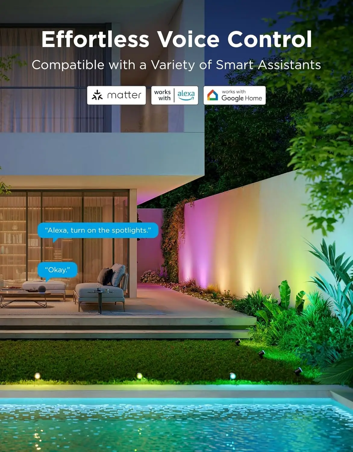 Intelligente Außenstrahler, 4er-Pack, IP67 wasserdichte RGB-Farbwechsel-Landschaftsbeleuchtung mit Alexa/Google Assistant