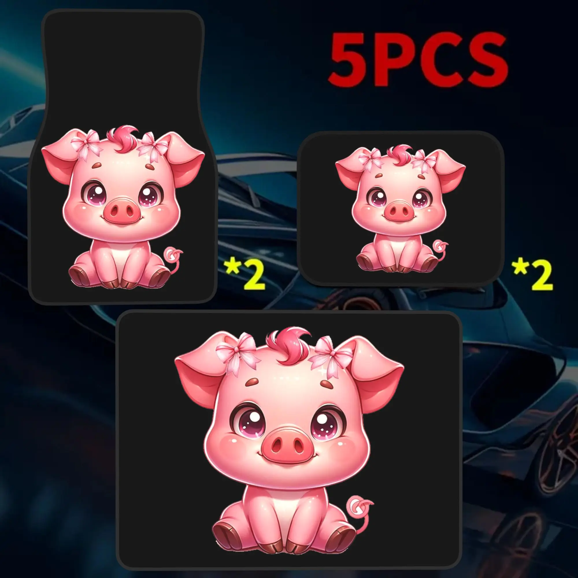 2D Flat 5pcs Cute Pig 4 Car Floor Mats And 1 Car Trunk Mat Set, Stylish Vehicle Additions, Perfect Gift For Halloween Thanksgivi
