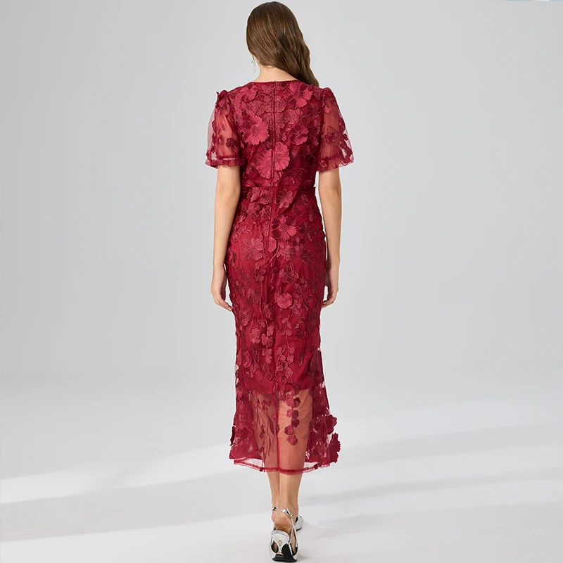 Verão bordado rendas vestido de baile feminino francês luxo 3d flor fishtail manga curta vestidos longos festa bodycon férias vestido