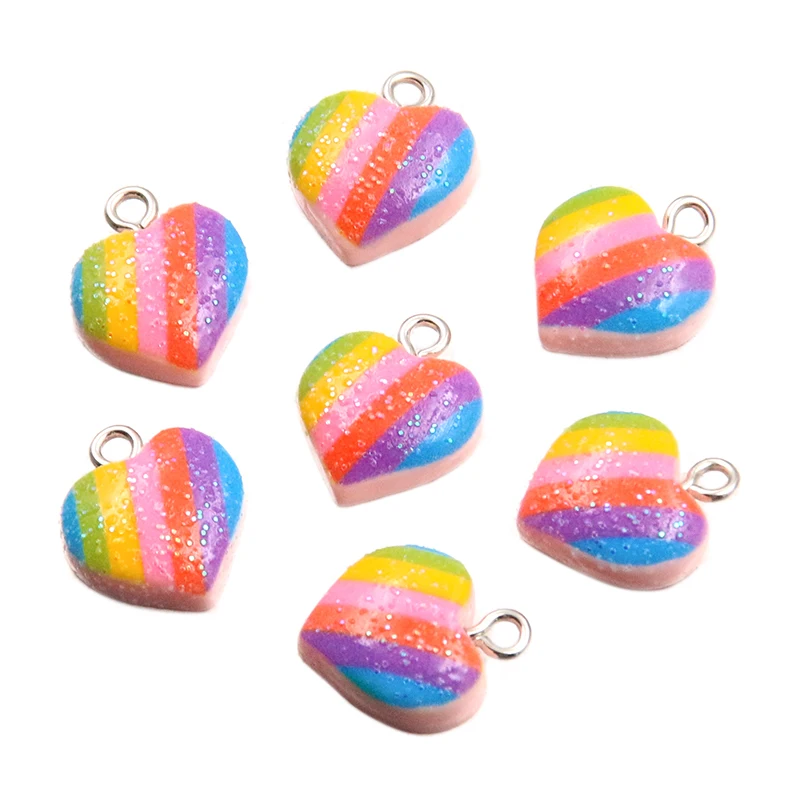 10Pcs 14*17mm Rainbow Color Heart Resin Earring Charms Diy Findings 3D Phone Keychain Bracelets Pendant For Jewelry Making